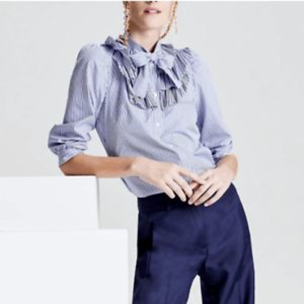 J. Crew x Thomas Mason Blue White Striped Pleated Blouse Women's Size 16